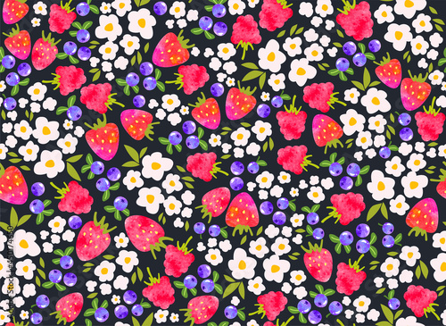 Seamless pattern with colorful small flowers, strawberries, raspberries and b...