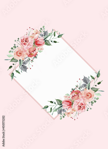 Pale leaves and flower doodles - botanical design banner. Floral pastel watercolor border frame for invitation. © britaseifert