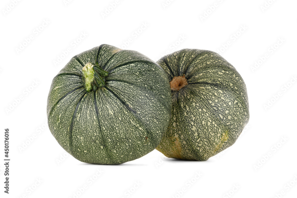 Two green kegs zucchini close up isolated on white background. Side view Two green kegs zucchini close up isolated on white background. Side view