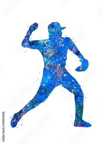 Baseball Player Pitcher blue watercolor art, abstract sport painting. blue sport art print, watercolor illustration artistic, decoration wall art. © Yahya Art