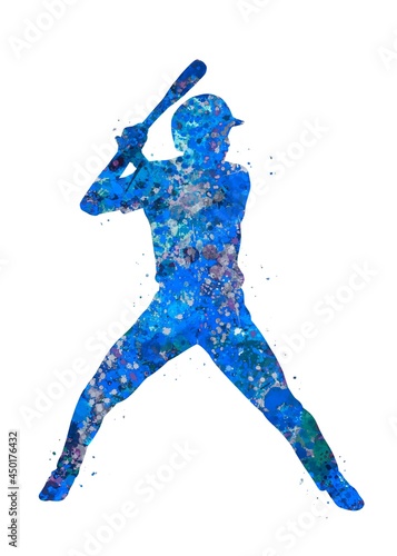 Canvas Print Baseball Player Batting blue watercolor art, abstract sport painting