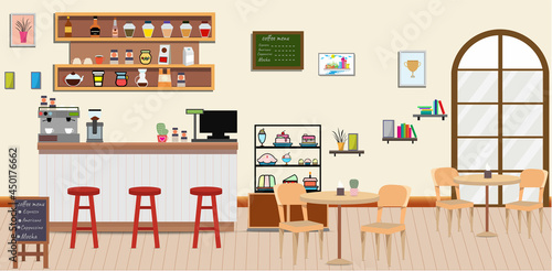 Coffee shop.Empty Cafe bar counter for serving coffee with cash box and menu board.sweet desserts,wooden counter, stools,sofas,Vector Coffee Shop and Cafe concept.