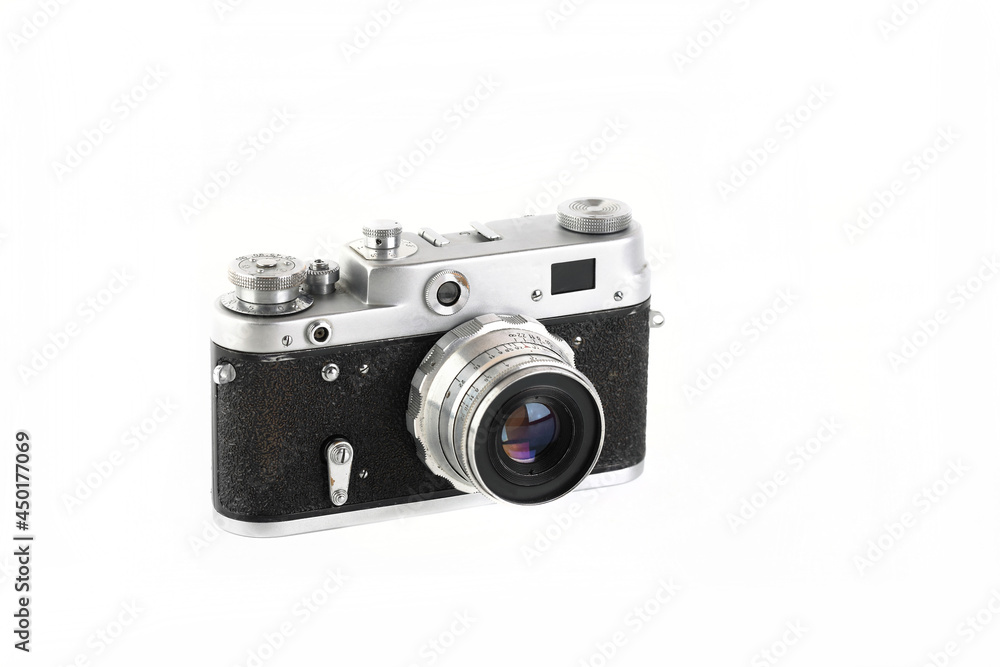 The old 35 mm film rangefinder camera on white background.
