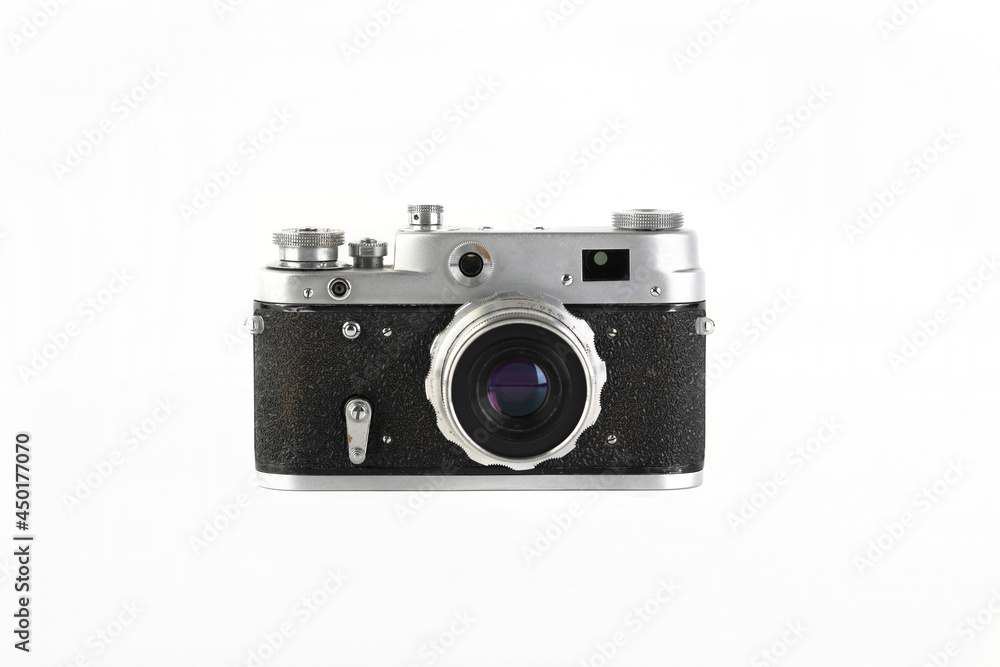 The old 35 mm film rangefinder camera on white background.
