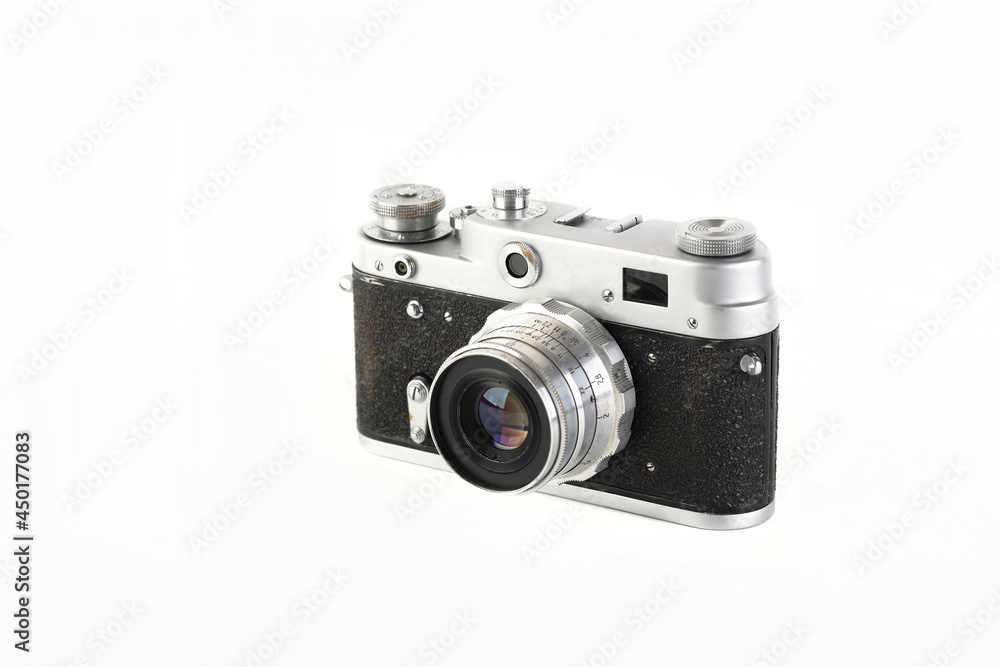 The old 35 mm film rangefinder camera on white background.