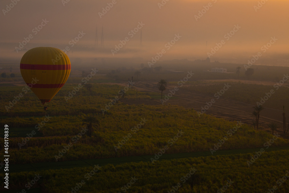 Obraz premium A hot air balloon at sunrise in the thick morning fog by the Nile, Luxor, Egypt