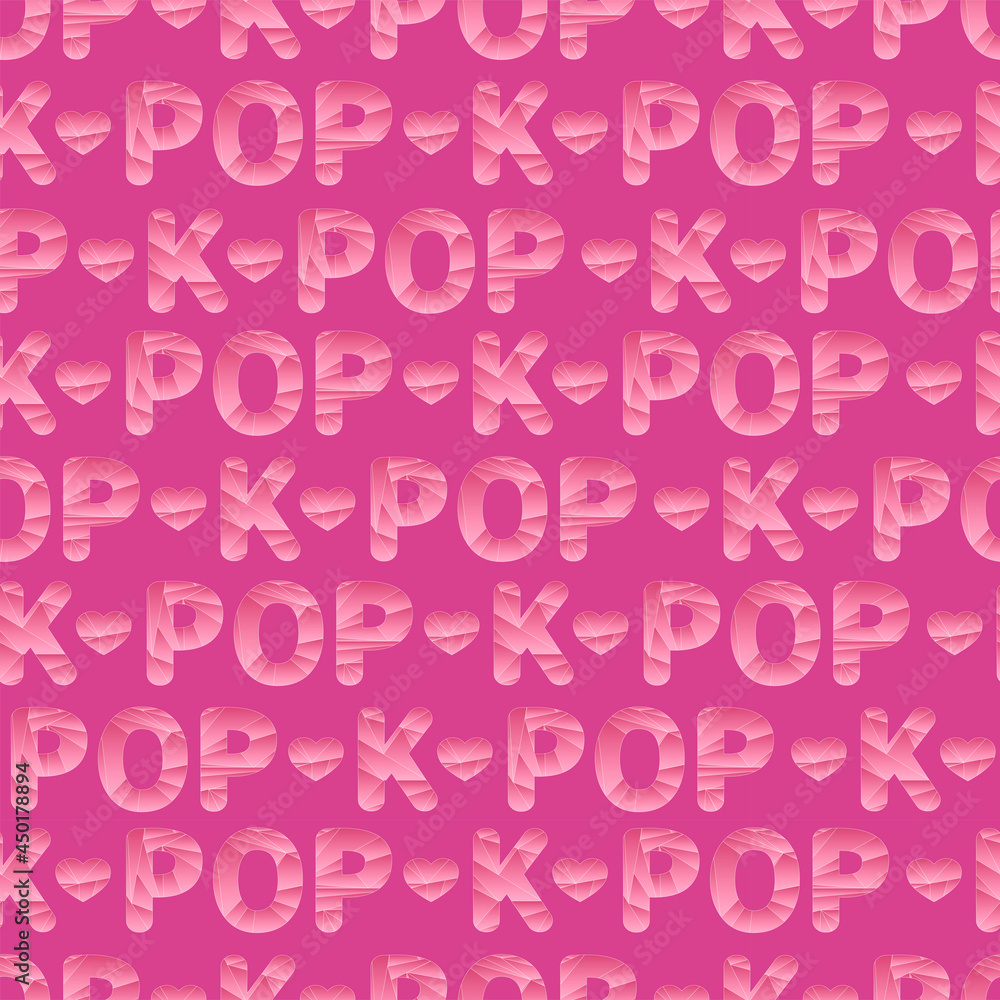 Seamless background. K POP lettering isolated on pink background. Polygonal image. Pink lettering decorated with hearts. Expression of love for Korean popular music. Seamless background. K POP lettering isolated on pink background. Polygonal image. Pink lettering decorated with hearts. Expression of love for Korean popular music.