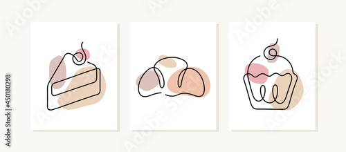 Pastries posters. Continuous line vector illustration.