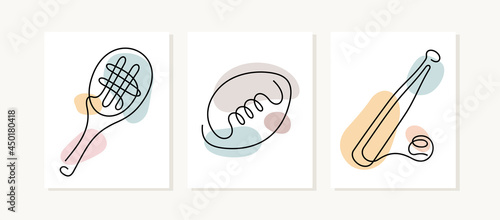 Sports posters. Sport equipment continuous line vector illustration.