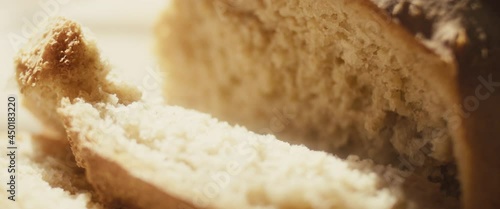 Steam on sliced healthy fresh hot bread baked at home food close up