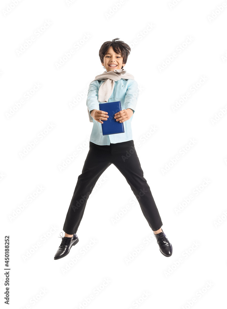 Jumping little schoolboy on white background Jumping little schoolboy on white background
