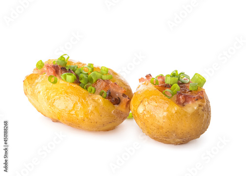 Two golden baked potatoes t...