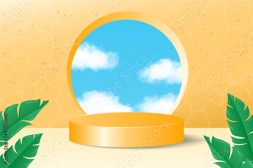Beautiful Tropical 3d display yellow podium decoration in yellow nature background with realistic clouds and tropical plants. Product presentation suitable for summer.