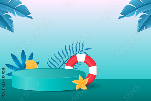 Modern Summer display podium decoration in green background with tropical plants. Product presentation suitable for summer.