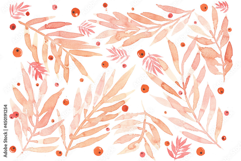 Pattern of berries and flowers painted with watercolors
