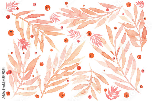 Pattern of berries and flowers painted with watercolors