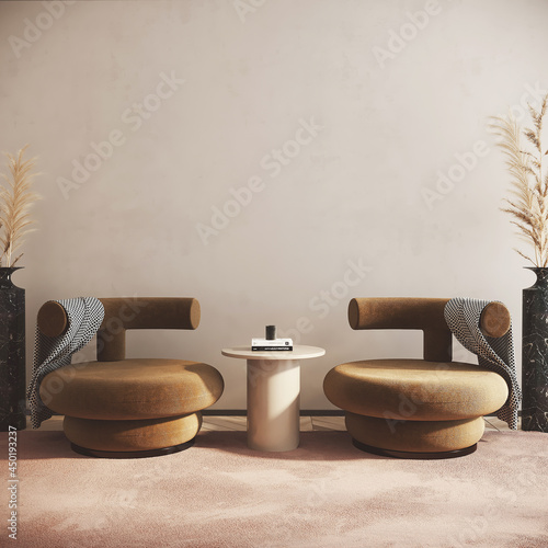 Interior design with brown armchair front of the empty wall