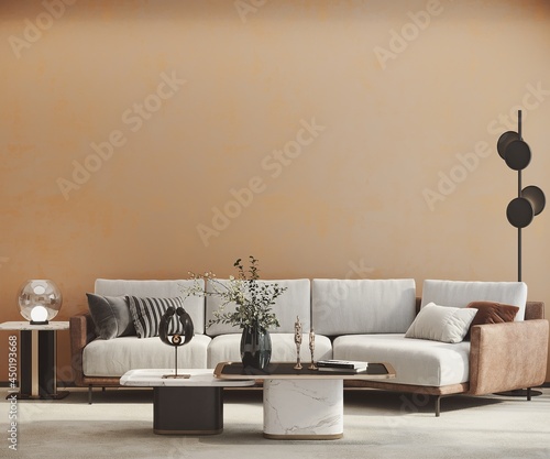 Modern living room with furniture front of orange empty wall © vnmockupdesign