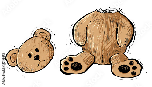 Teddy bear with torn of head, vector, color