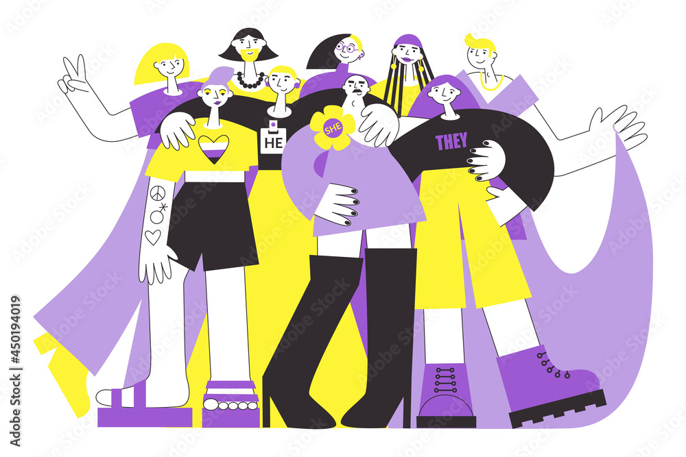 Group of non-binary people in colours of NB flag (yellow, purple). LGBTQ diversity and pride vector flat illustration concept set. Genderfluid and genderqueer person rights. - obrazy, fototapety, plakaty 