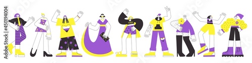 Group of non-binary people in colours of NB flag (yellow, purple). LGBTQ diversity and pride vector flat illustration concept set. Transgender and genderqueer person rights. photo