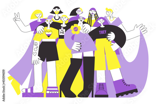 Group of non-binary people in colours of NB flag (yellow, purple). LGBTQ diversity and pride vector flat illustration concept set. Genderfluid and genderqueer person rights.