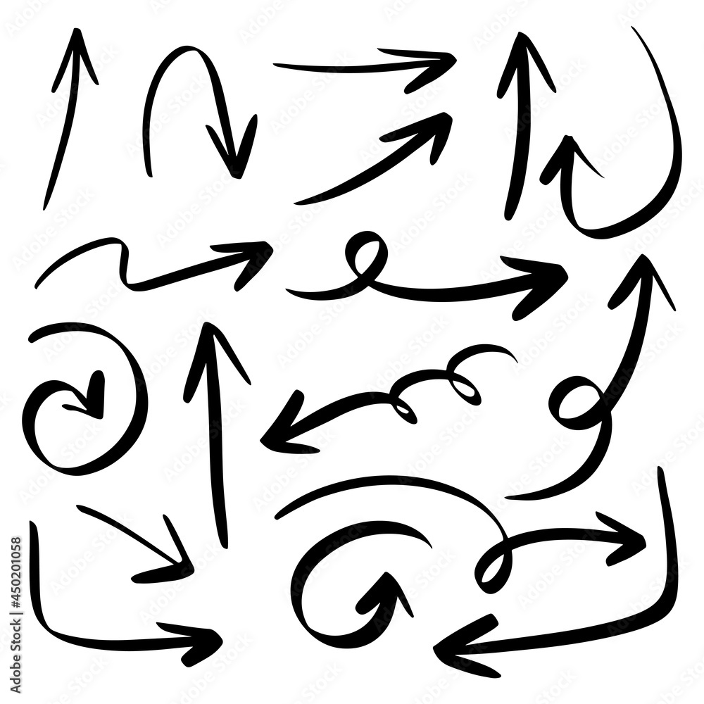 Naklejka premium hand drawn arrow icon set isolated on white background. Doodle vector illustration.