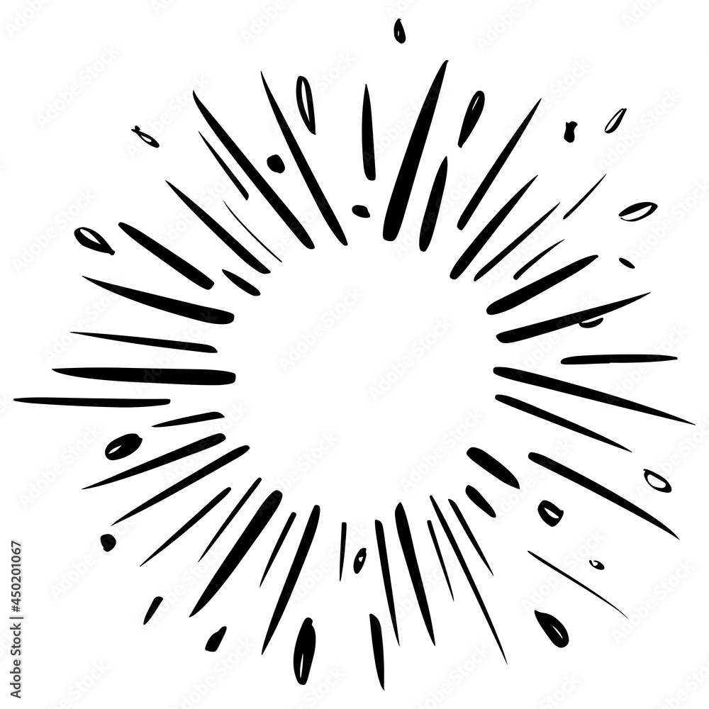 Fototapeta premium Starburst, sunburst hand drawn. Design Element Fireworks Black Rays. Comic explosion effect. Radiating, radial lines.