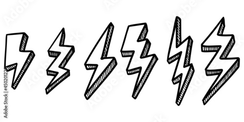 set of hand drawn vector doodle electric lightning bolt symbol sketch illustrations. vector illustration.