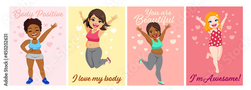 Diverse women feminism body positive vertical card designs love own figure concept