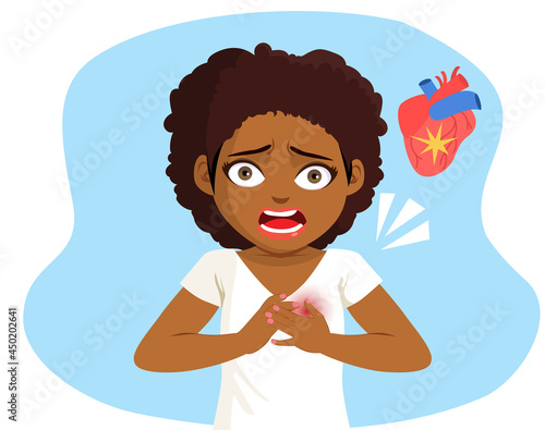 Young black woman having heart attack with hands on chest