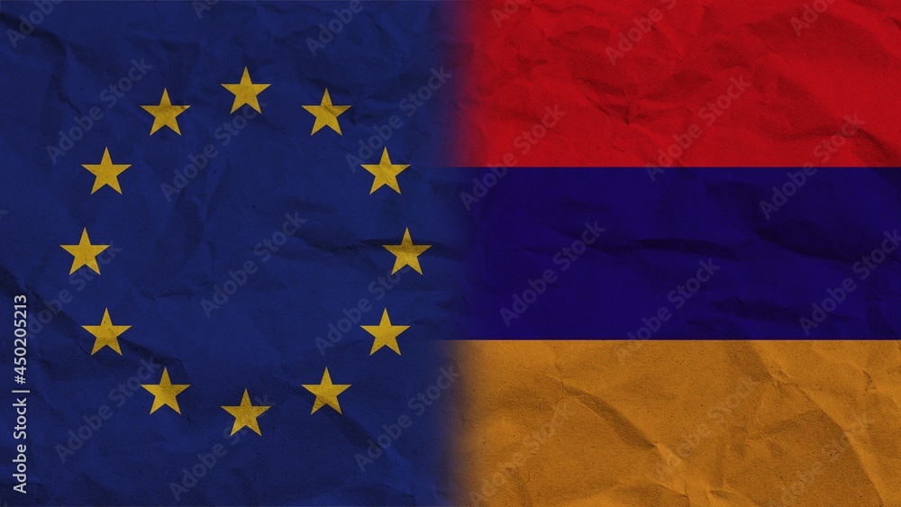 Armenia and European Union Flags Together, Crumpled Paper Effect Background 3D Illustration Armenia and European Union Flags Together, Crumpled Paper Effect Background 3D Illustration