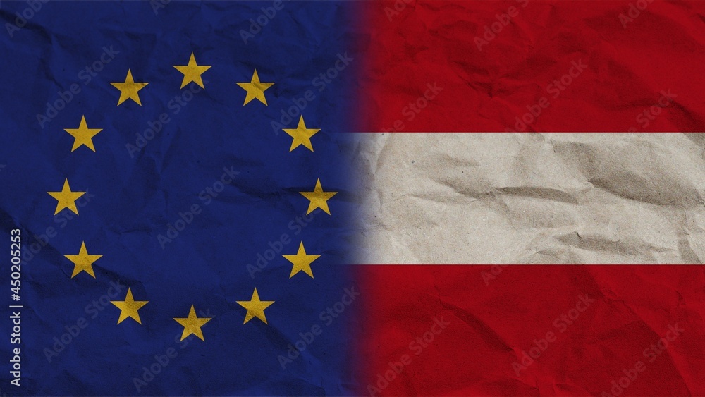 Austria and European Union Flags Together, Crumpled Paper Effect Background 3D Illustration Austria and European Union Flags Together, Crumpled Paper Effect Background 3D Illustration
