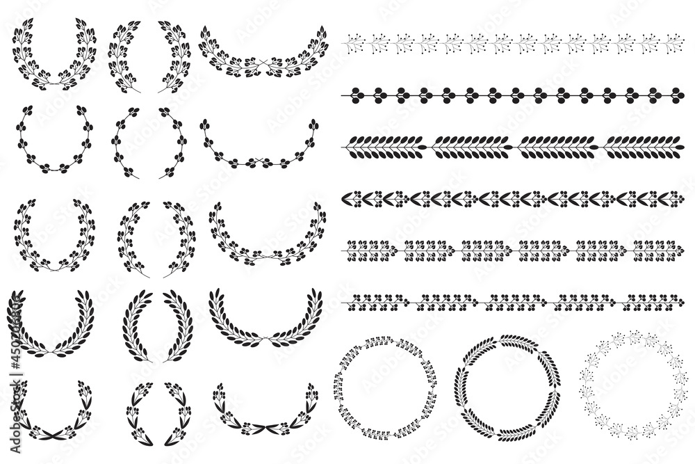 Obraz premium Wreaths spikelets set pattern for decorative design. Ear icon. Floral branch. Wedding decoration. Vector illustration. Stock image.