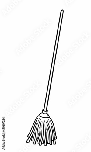 Floor mop with handle isolated on white background. Vector hand-drawn illustration in doodle style. Suitable for your projects, decorations, logo, various designs.