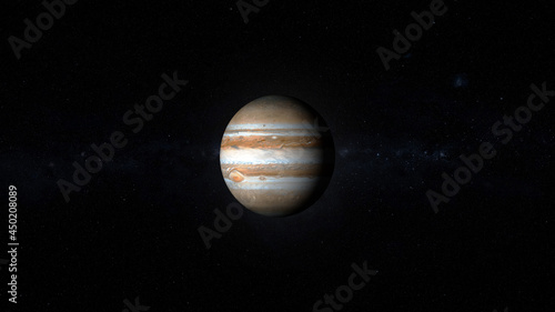 Fototapeta Naklejka Na Ścianę i Meble -  Jupiter with text space on the right. Ultra realistic 3D Jupiter and stars.[ProRes - UHD 4K]