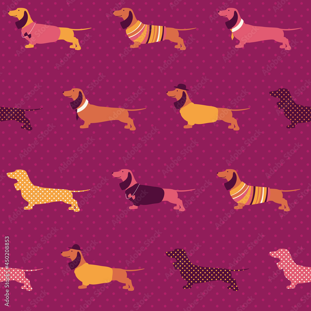 Vector Dachshunds in cute outfits on a polka dotted maroon background. Seamless vector patterns are great for backgrounds, wallpaper, and surface designs.lustration Vector Dachshunds in cute outfits on a polka dotted maroon background. Seamless vector patterns are great for backgrounds, wallpaper, and surface designs.lustration