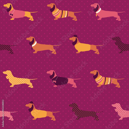 Vector Dachshunds in cute outfits on a polka dotted maroon background. Seamless vector patterns are great for backgrounds, wallpaper, and surface designs.lustration