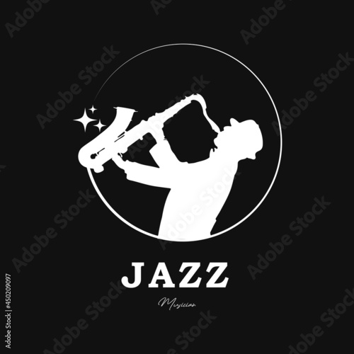 Jazz Music Logo With Saxophone Player. Classic Silhouette Jazz Logo Design Vector Illustration isolated black background