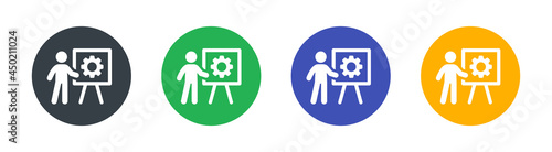 Training, coaching icon. Person with cogwheel and presentation board