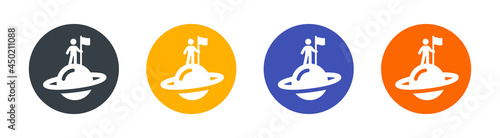 Explorers hold flag on planet icon set. Astronaut symbol