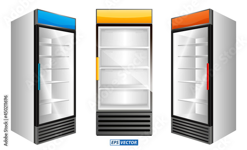 set of realistic refrigerator with one door or open refrigerator with two doors full of food vegetable meat fish or fridge refrigerator mock up.