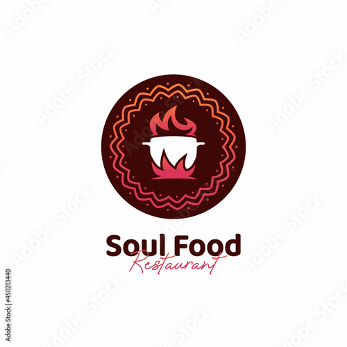 Unique Soul food kitchen restaurant logo with hot pot logo icon and african ethnic pattern