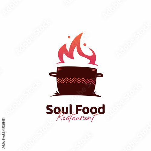 Soul food kitchen logo with hot pot logo icon and african ethnic pattern