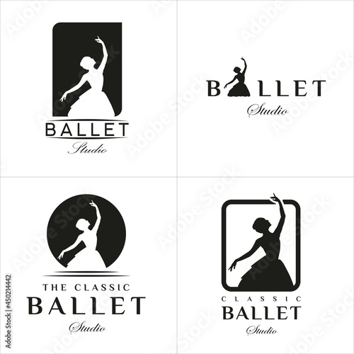 Set of Vintage Classic Logo Style for Ballet Studio Logo Design. With Woman in ballet suit on a black background. Luxury and Premium Logo