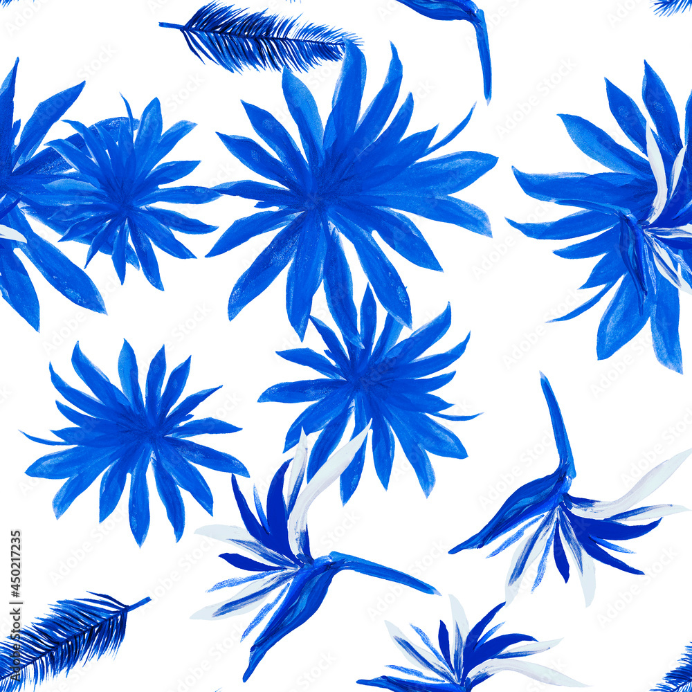 White Pattern Background. Blue Seamless Texture. Cobalt Tropical Textile. Indigo Flower Texture. Navy Floral Nature. Wallpaper Leaf. Decoration Design.