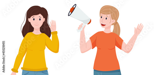 UGC concept. The woman speaks into a megaphone. Content creation, reviews. Social listening.