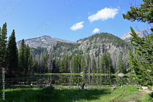 Nymph Lake in Rocky Mountain National Park, Colorado on calm sunny summer morning..