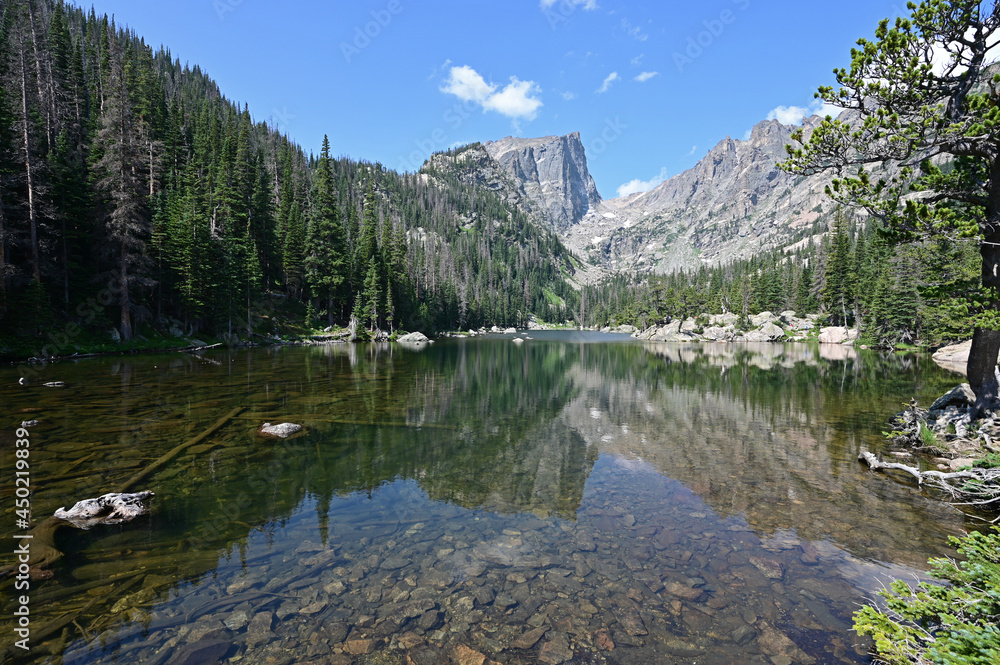 Dream Lake in Rocky Mountain National Park, Colorado on calm sunny summer morning..