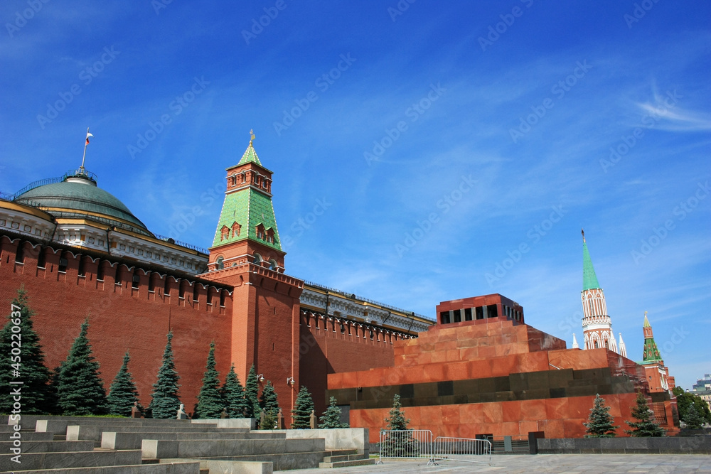 Red tower and wall of Moscow Kremlin